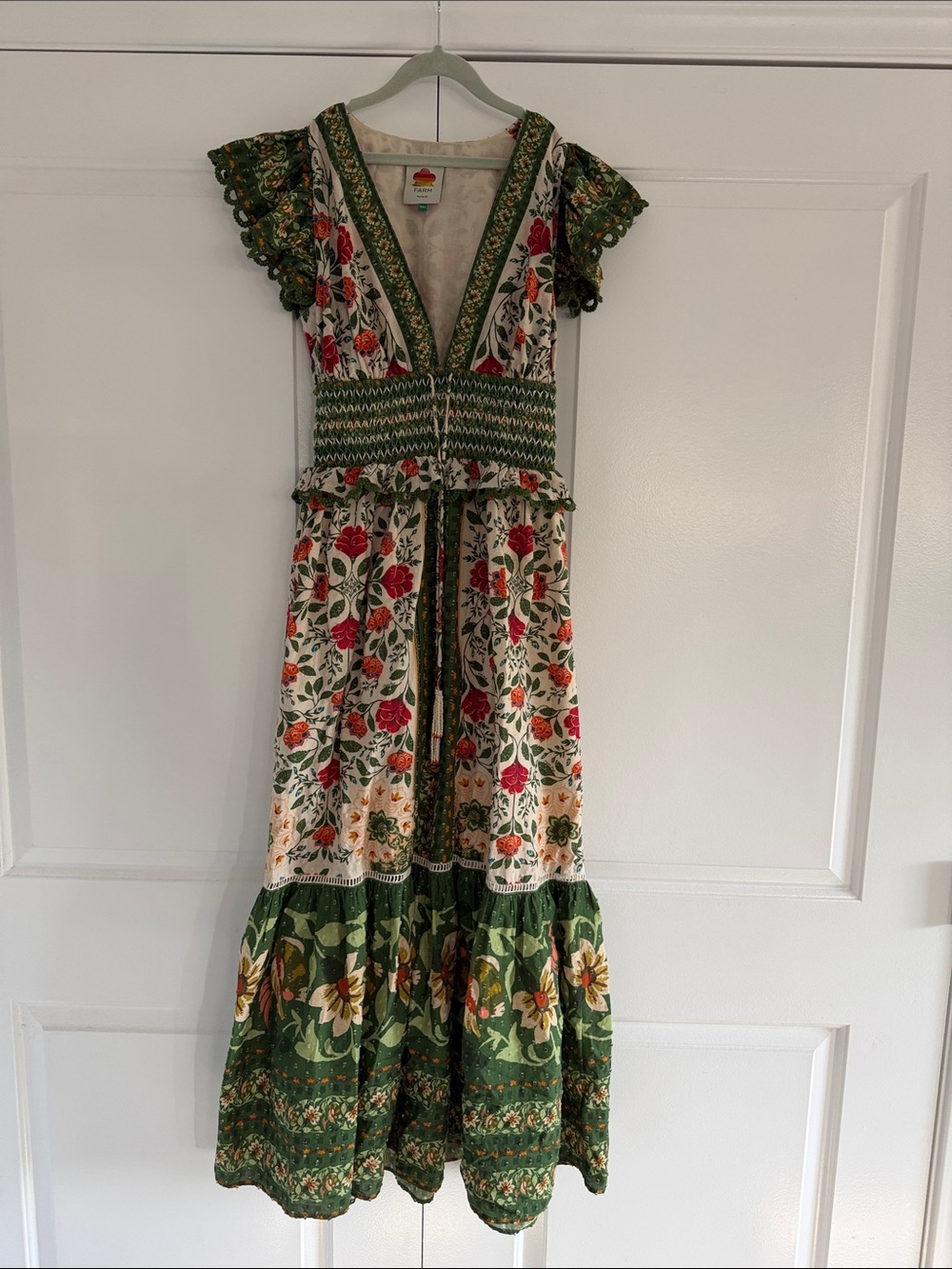 FARM Rio Tropical Bohemian Floral Maxi Dress Green and Cream Red Pink- XXS